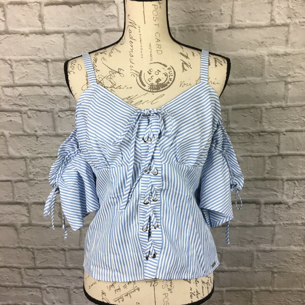Guess Blue & White Striped Cold Shoulder Top